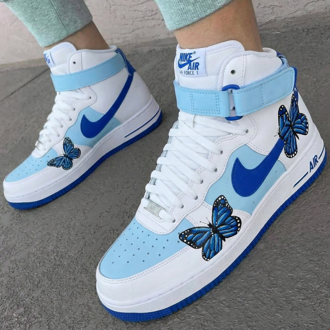 Custom AF 1s Shoes with Butterfly Design Baby Blue and Blue
