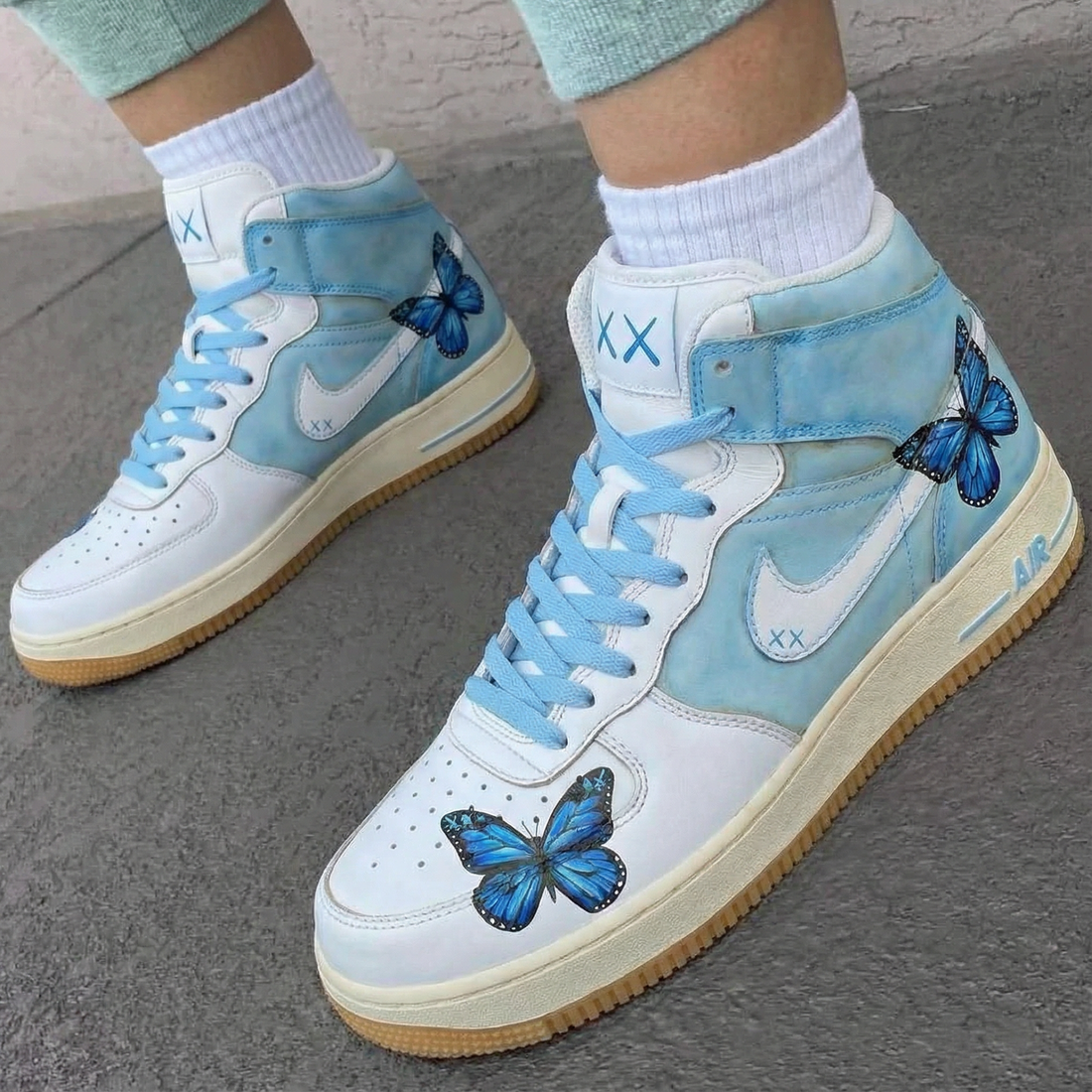 Custom AF 1s Shoes with Butterfly Design Baby Blue and White