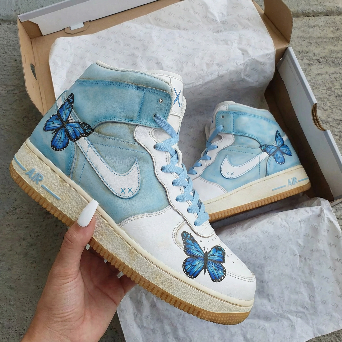 Custom AF 1s Shoes with Butterfly Design Baby Blue and White