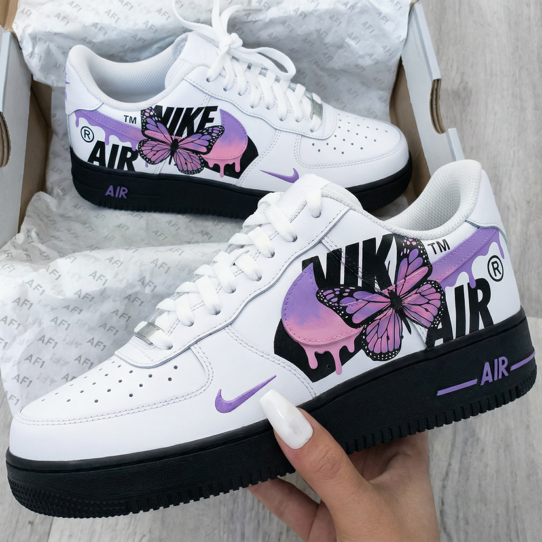 Custom AF 1s Shoes with Butterfly Design Black Purple