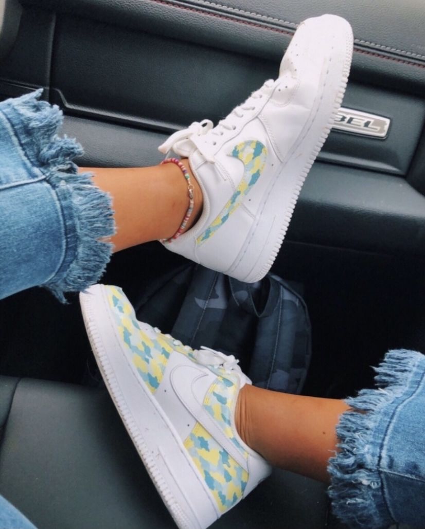 Custom AF 1s Shoes with Camo Pattern Yellow and Blue