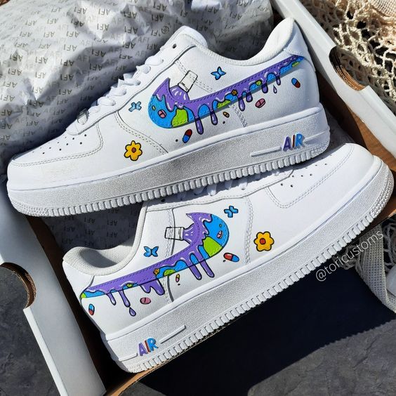Custom AF 1s Shoes with Cartoon Drip Pattern and Purple Green Color