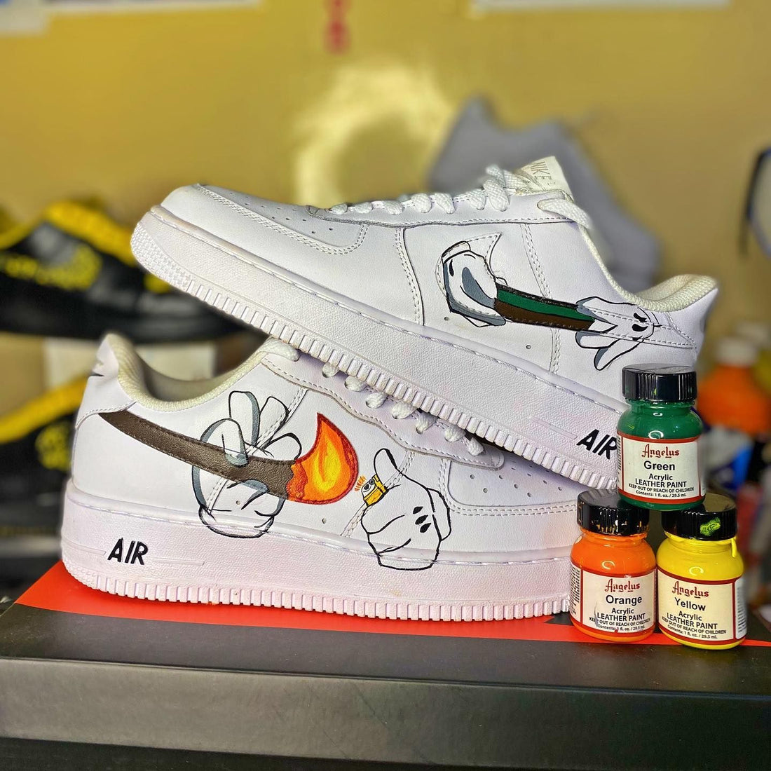 Custom AF 1s Shoes with Cartoon Hand and Flame Design Orange Green