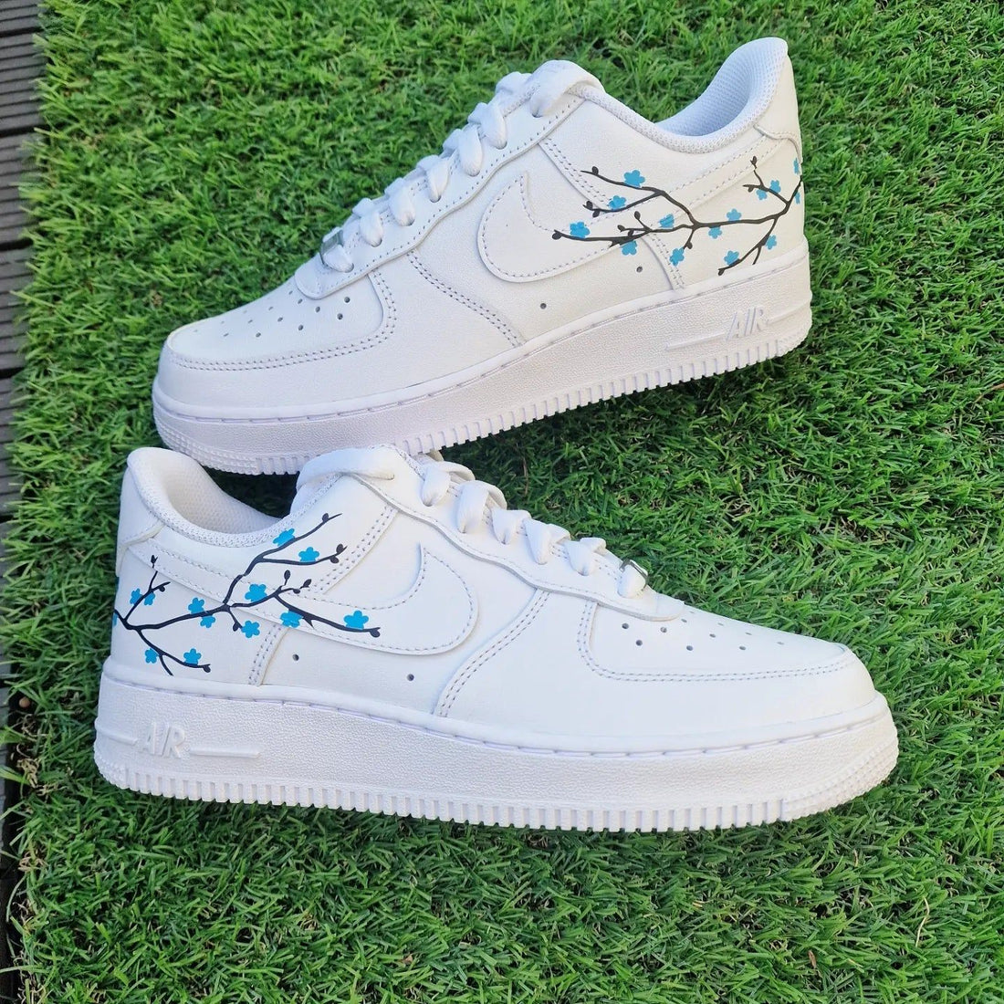 Custom AF 1s Shoes with Cherry Blossom Pattern Blue