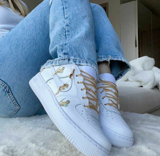 Custom AF 1s Shoes with Cherub Pattern Gold Color