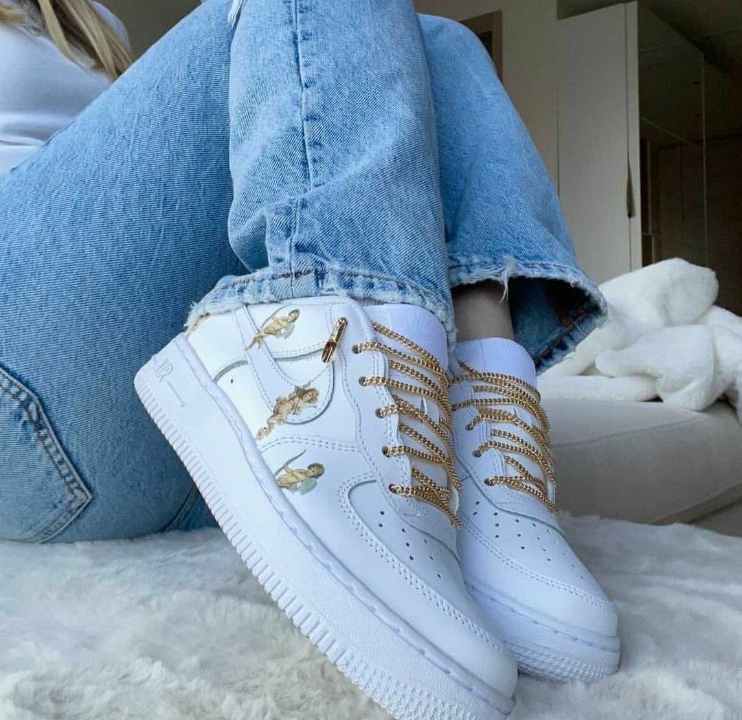 Custom AF 1s Shoes with Cherub Pattern Gold Color