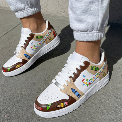 Custom AF 1s Shoes with Crayon and Alphabet Design Brown and White