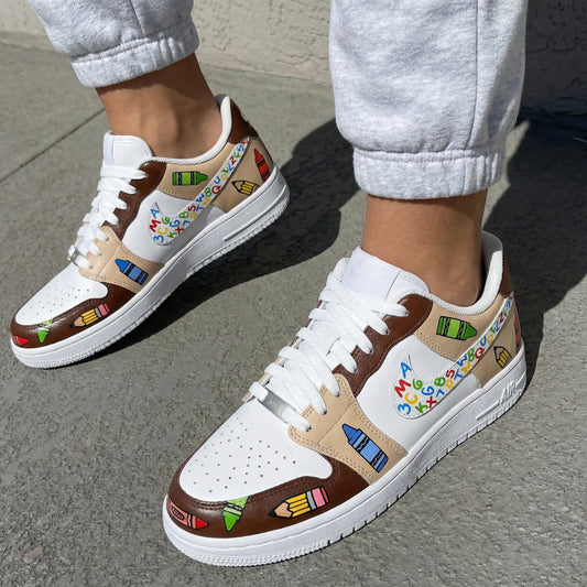 Custom AF 1s Shoes with Crayon and Alphabet Design Brown and White