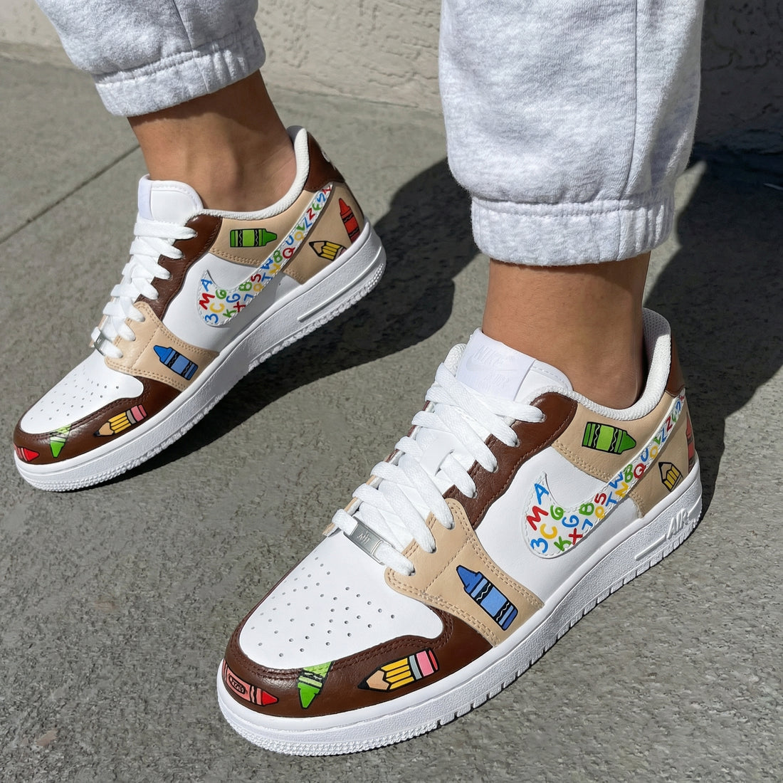 Custom AF 1s Shoes with Crayon and Alphabet Design Brown and White
