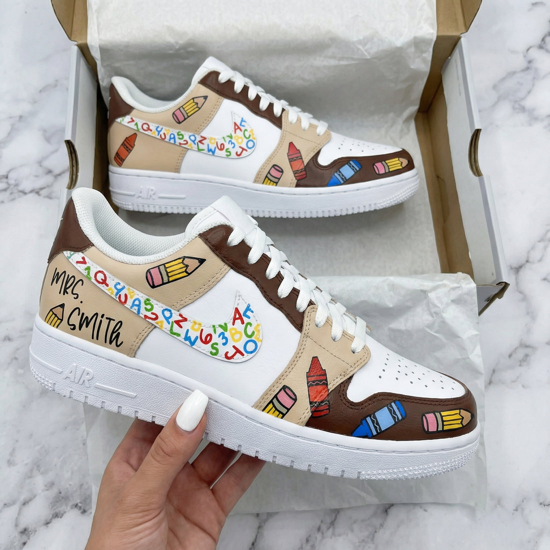 Custom AF 1s Shoes with Crayon and Alphabet Design Brown and White