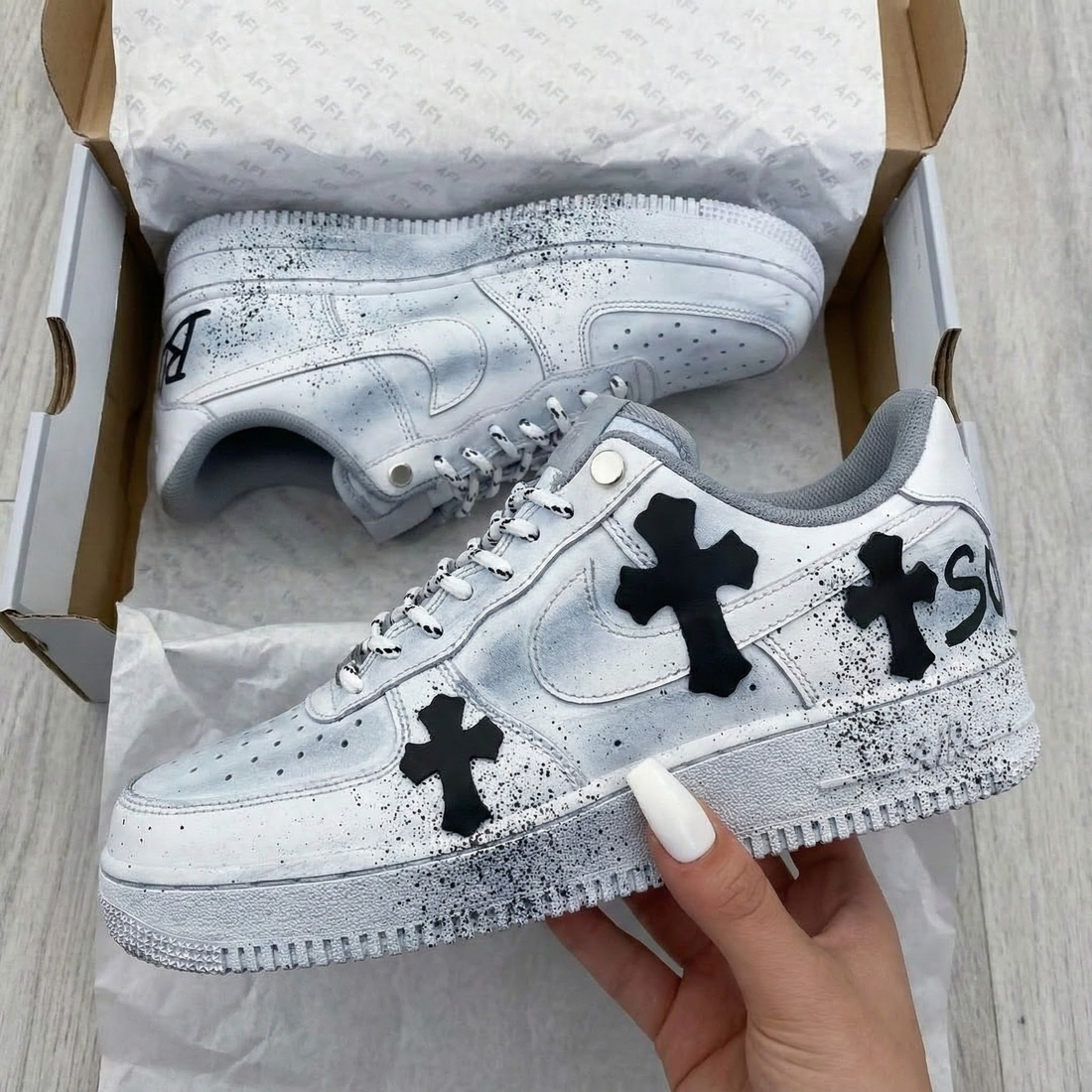 Custom AF 1s Shoes with Cross Motif Black Gray