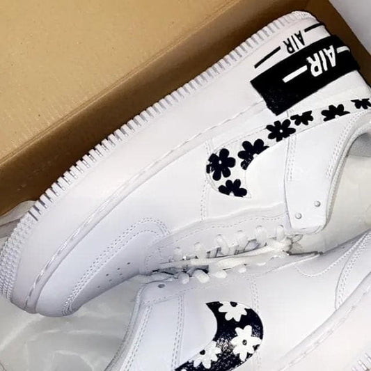 Custom AF 1s Shoes with Daisy Pattern Black White