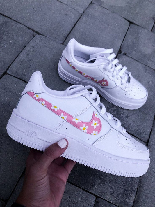 Custom AF 1s Shoes with Daisy Pattern Pink Color