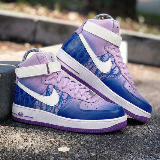 Custom AF 1s Shoes with Dior Pattern Baby Purple and Blue