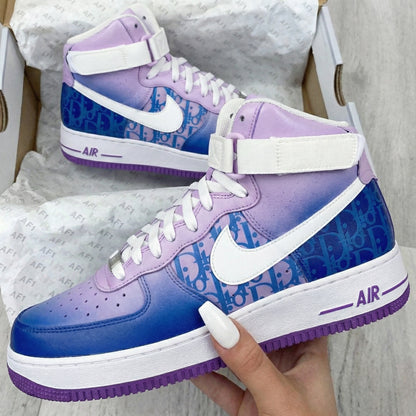 Custom AF 1s Shoes with Dior Pattern Baby Purple and Blue