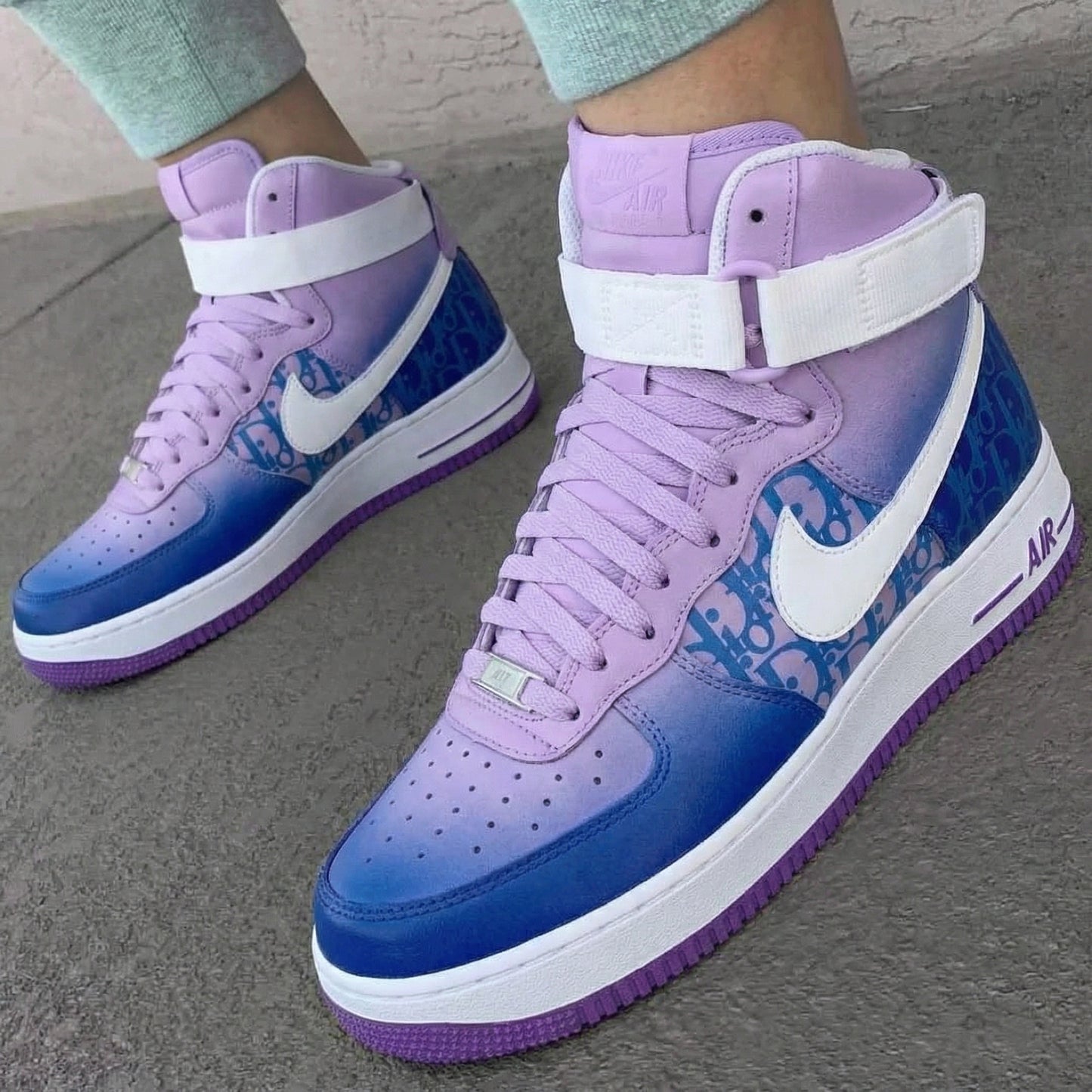 Custom AF 1s Shoes with Dior Pattern Baby Purple and Blue