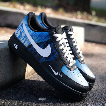 Custom AF 1s Shoes with Dior Pattern Black and Baby Blue