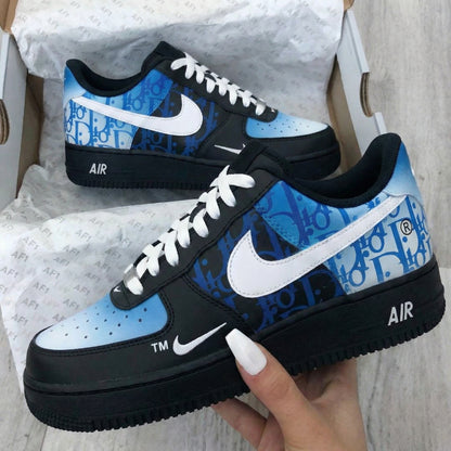 Custom AF 1s Shoes with Dior Pattern Black and Baby Blue