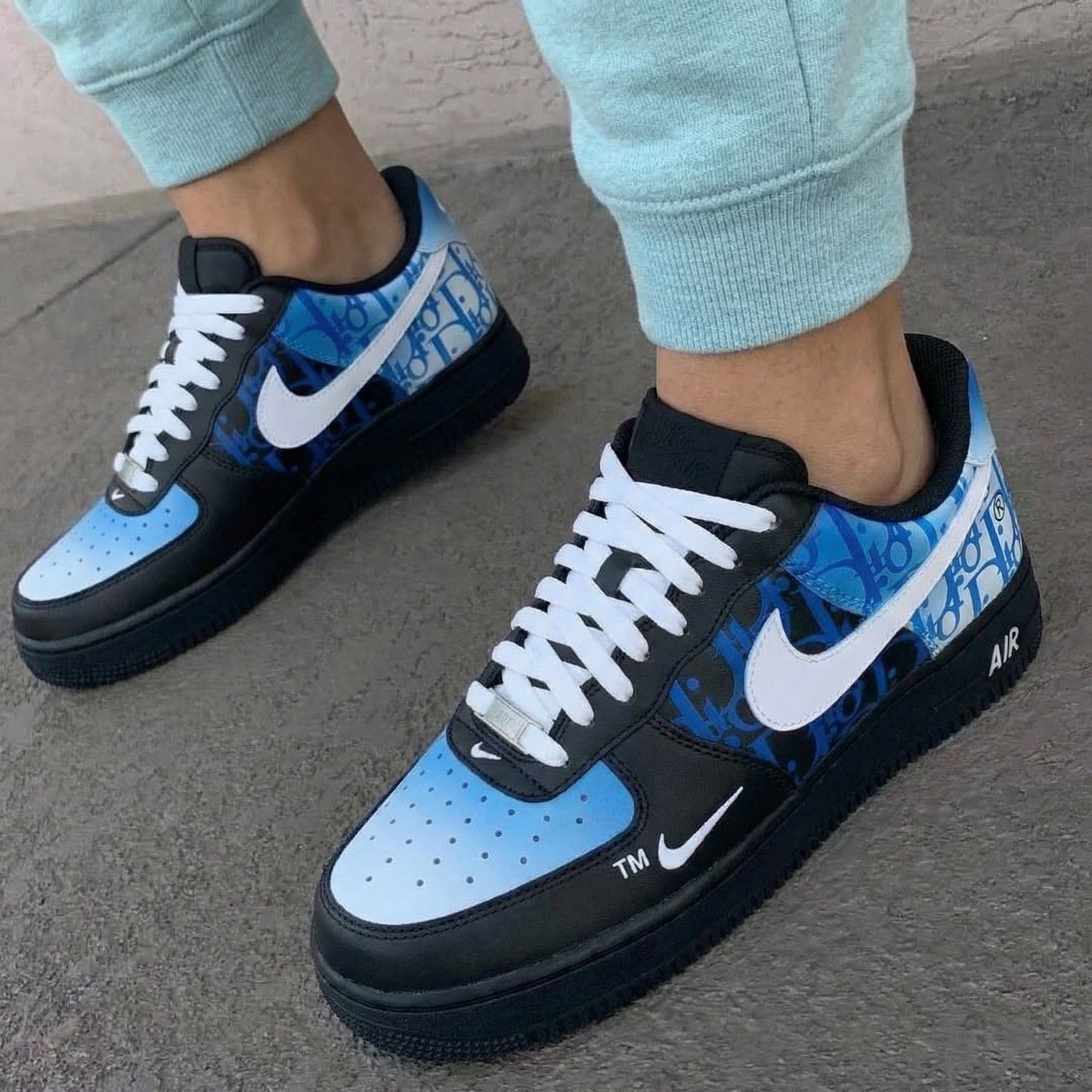 Custom AF 1s Shoes with Dior Pattern Black and Baby Blue