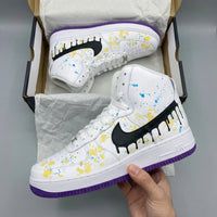 Custom AF 1s Shoes with Drip and Splatter Design Yellow Blue Purple