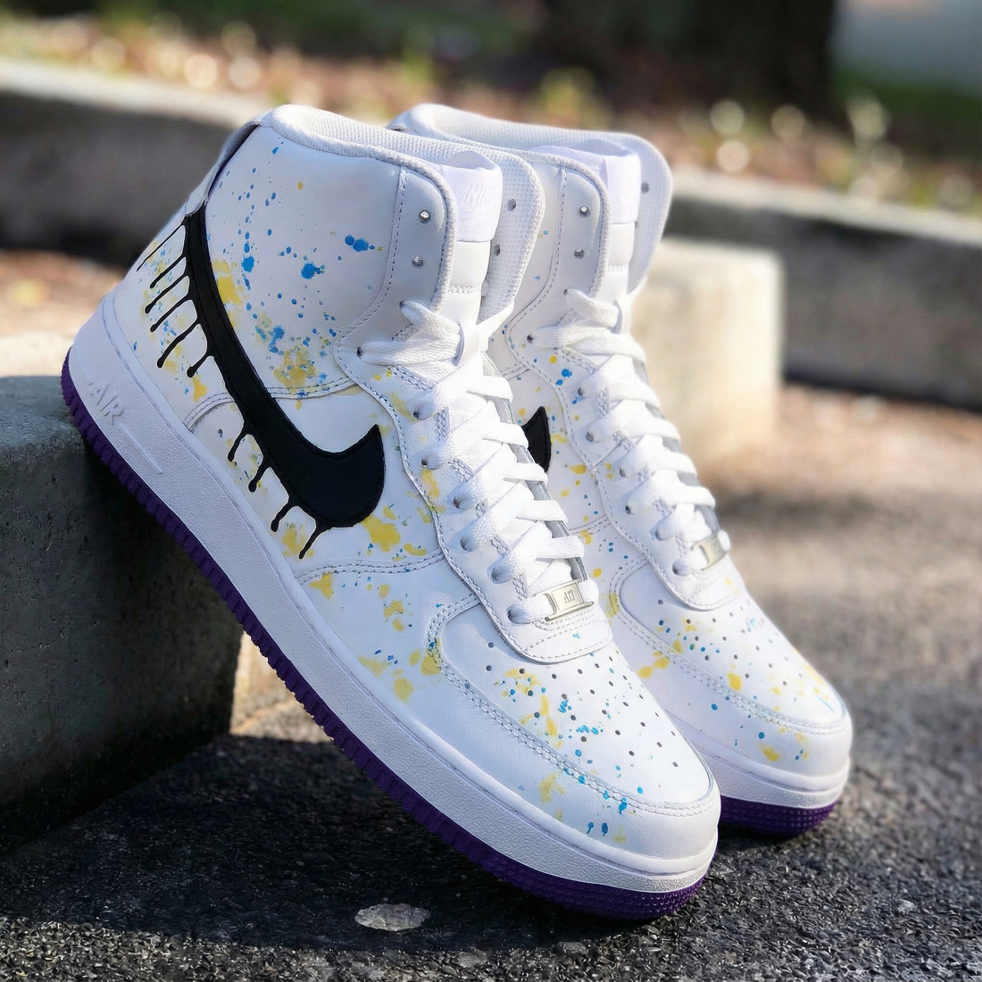 Custom AF 1s Shoes with Drip and Splatter Design Yellow Blue Purple