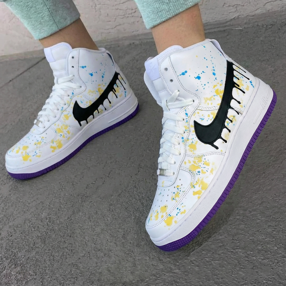 Custom AF 1s Shoes with Drip and Splatter Design Yellow Blue Purple