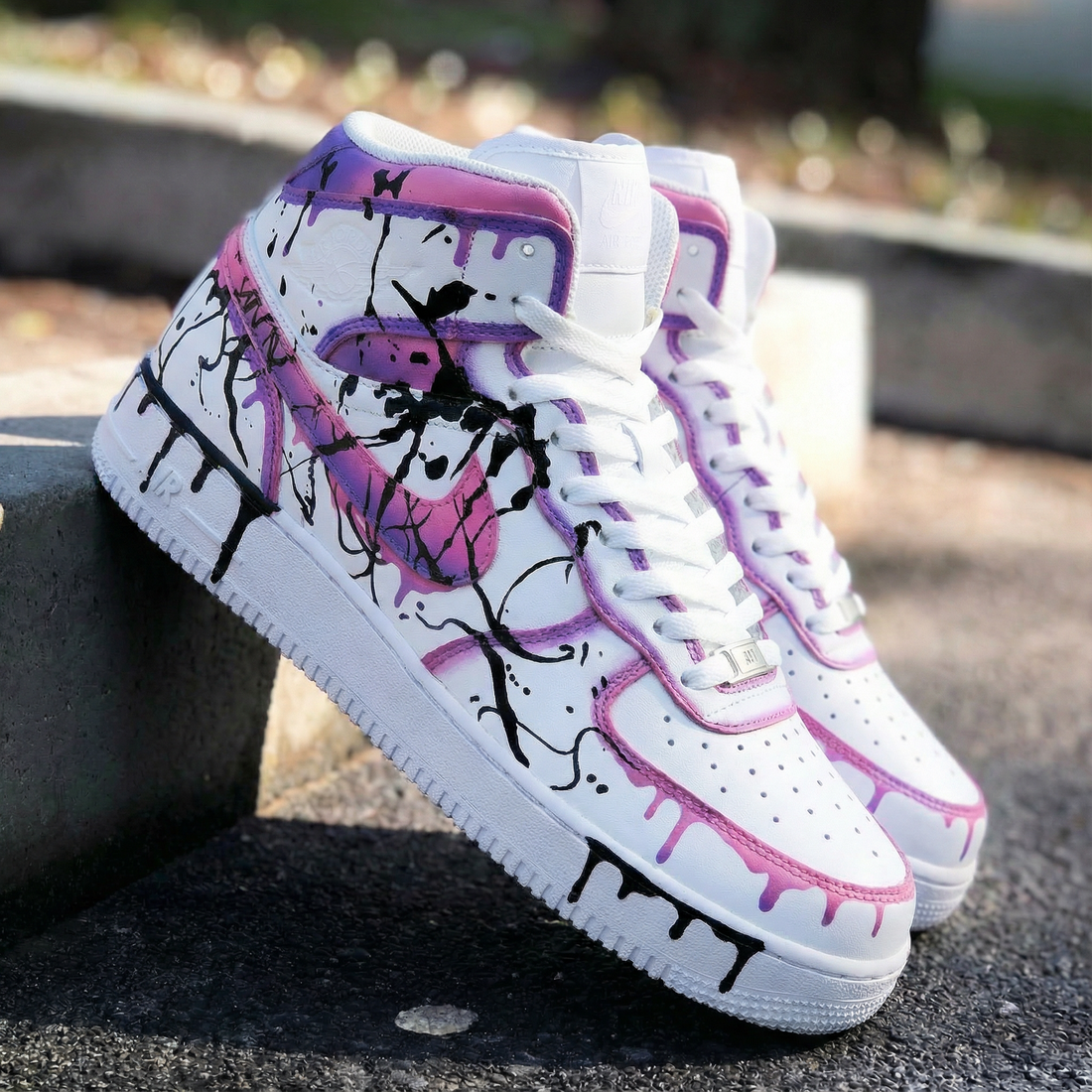 Custom AF 1s Shoes with Drip Paint Design Baby Pink and Purple
