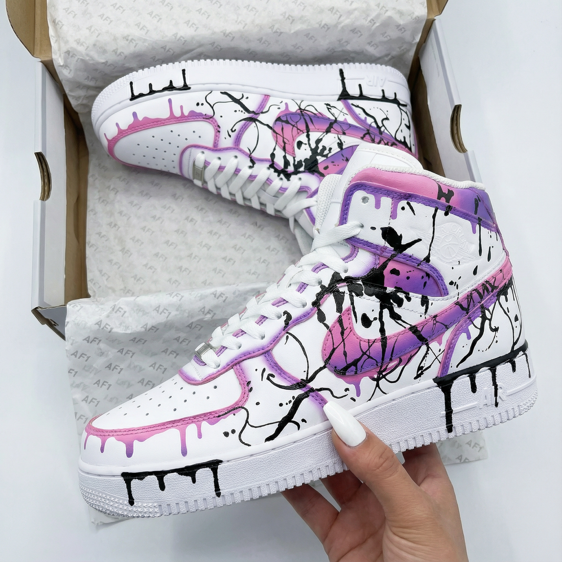 Custom AF 1s Shoes with Drip Paint Design Baby Pink and Purple