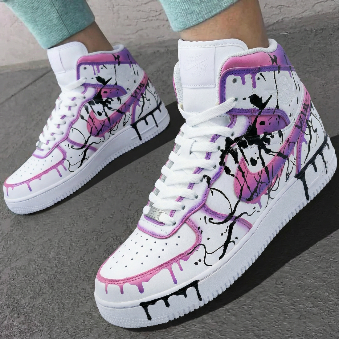 Custom AF 1s Shoes with Drip Paint Design Baby Pink and Purple