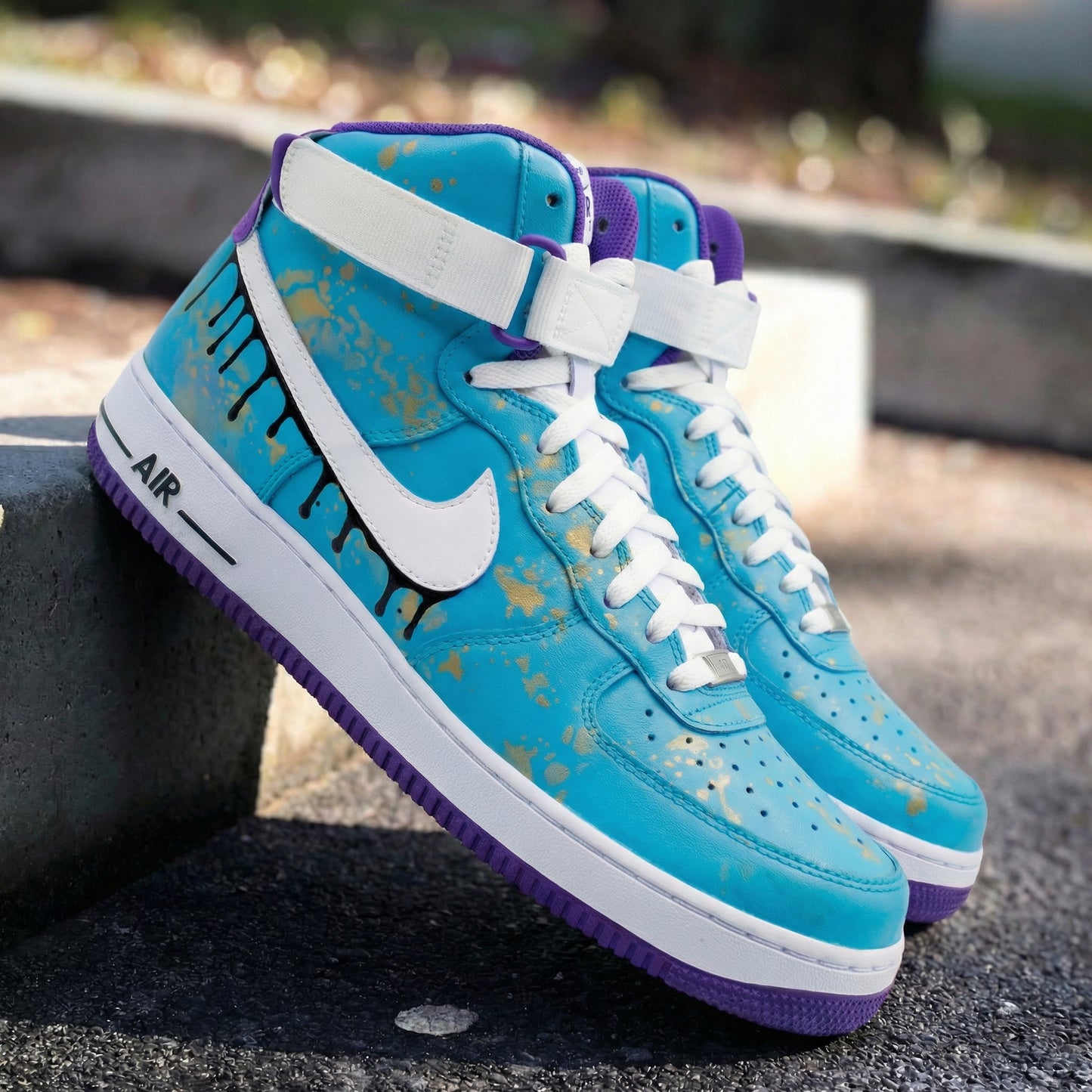 Custom AF 1s Shoes with Drip Paint Design Blue Purple Gold