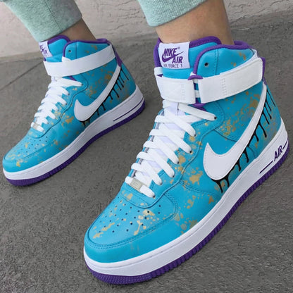 Custom AF 1s Shoes with Drip Paint Design Blue Purple Gold