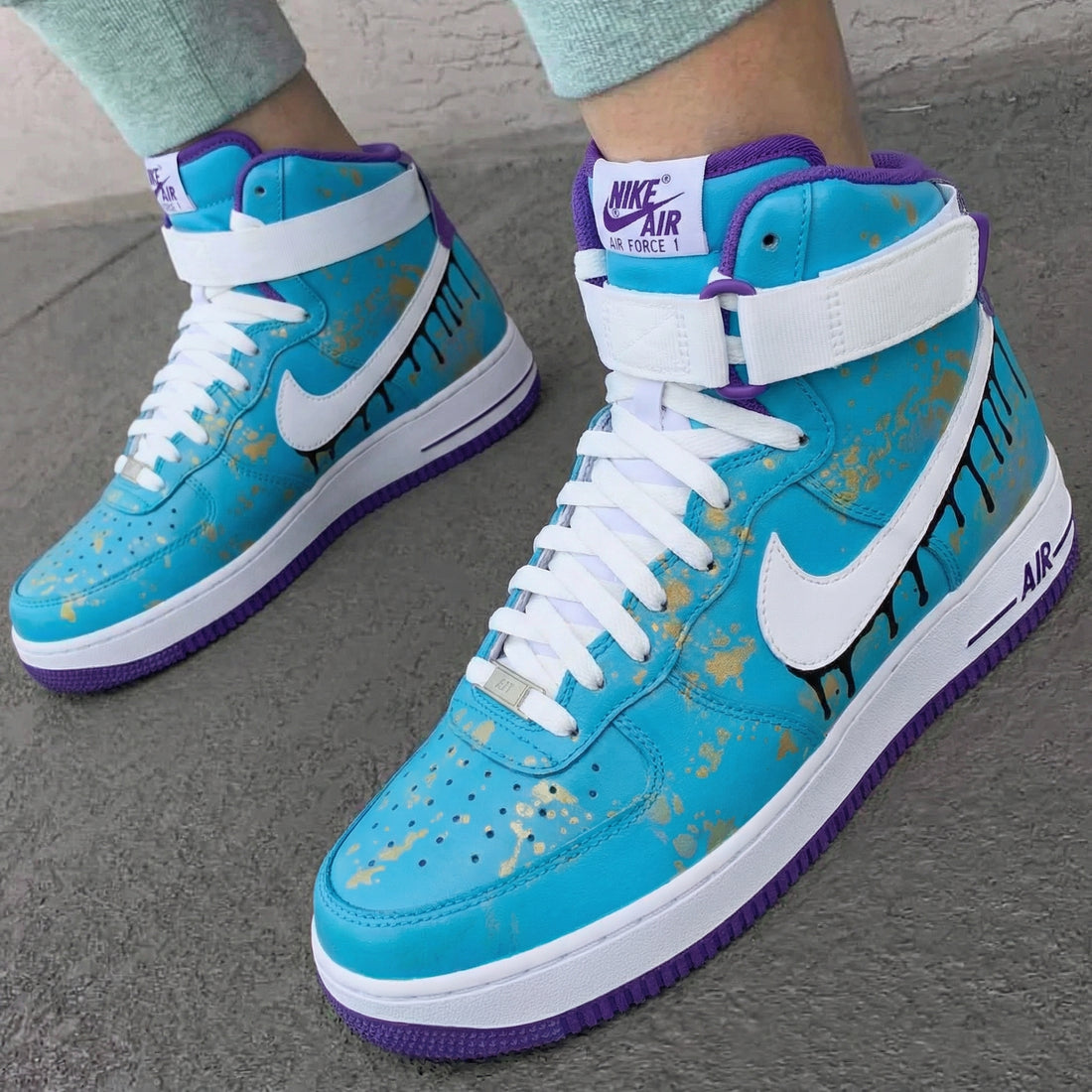 Custom AF 1s Shoes with Drip Paint Design Blue Purple Gold