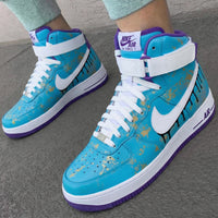 Custom AF 1s Shoes with Drip Paint Design Blue Purple Gold