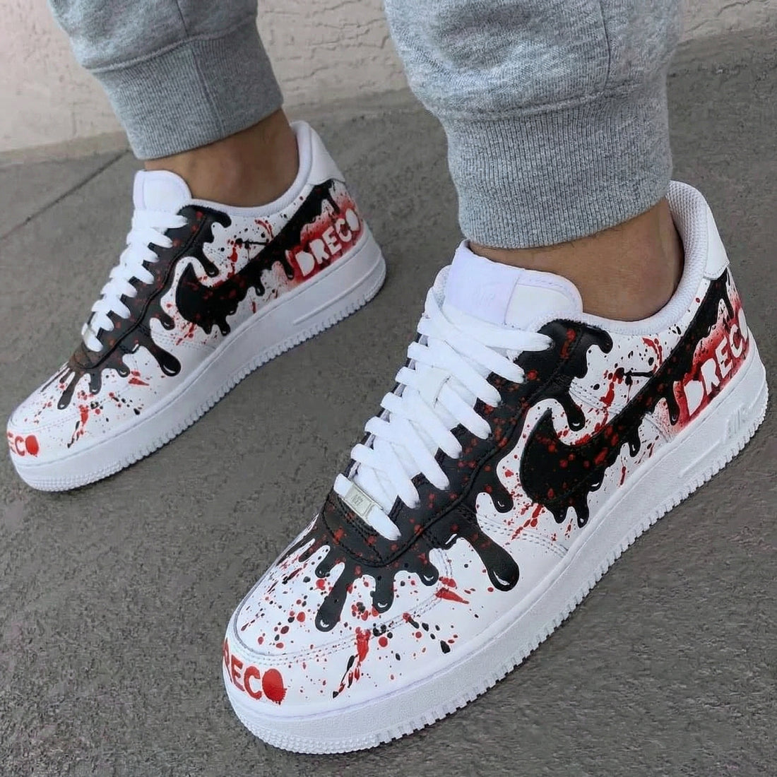 Custom AF 1s Shoes with Dripping Paint Pattern Black Red