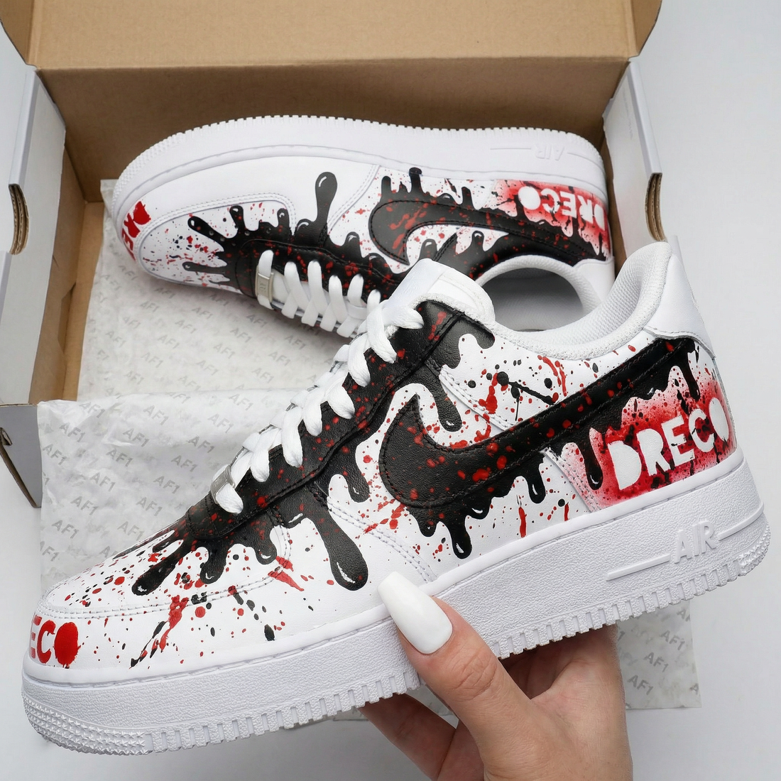 Custom AF 1s Shoes with Dripping Paint Pattern Black Red
