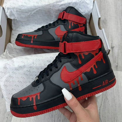 Custom AF 1s Shoes with Dripping Pattern in Black and Red