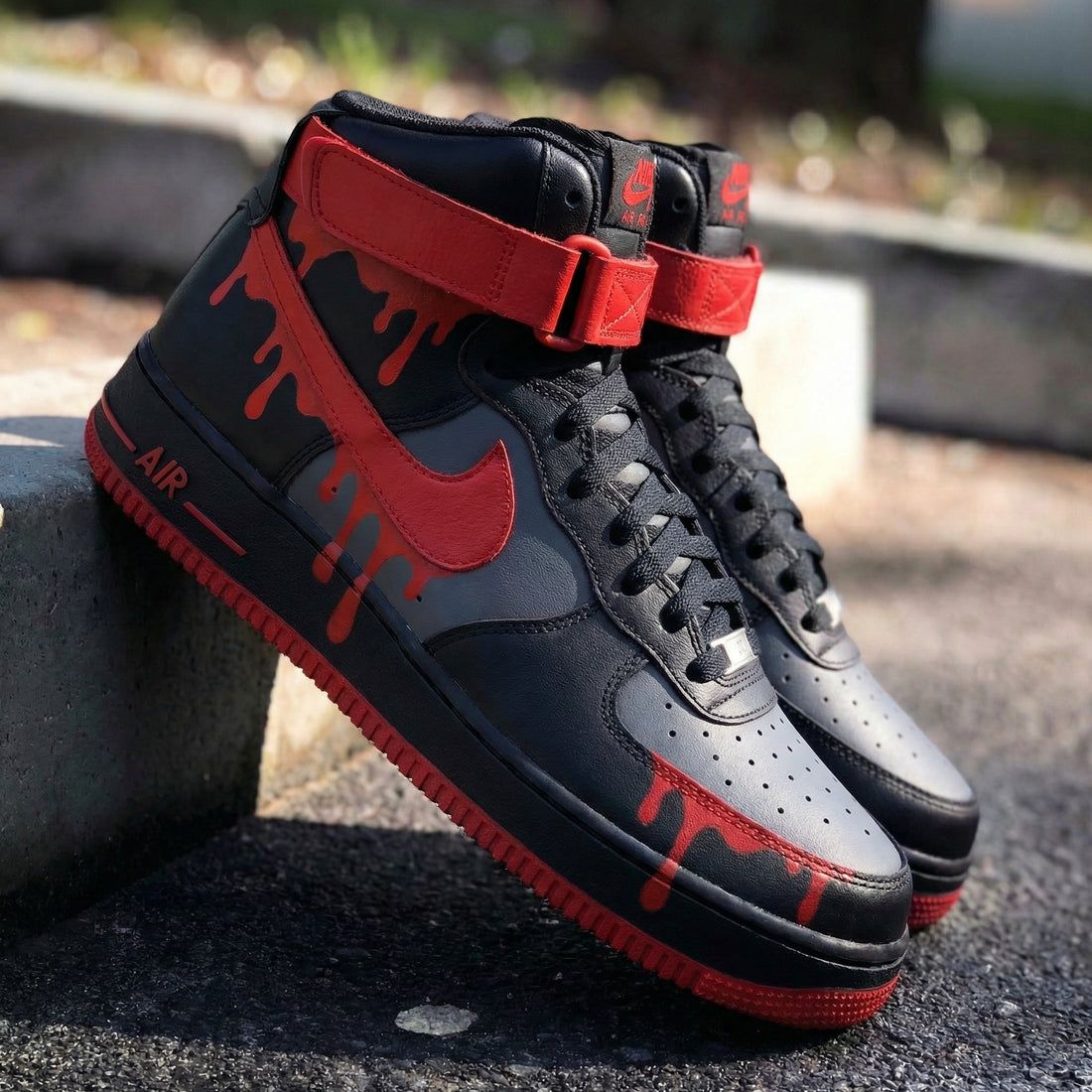 Custom AF 1s Shoes with Dripping Pattern in Black and Red