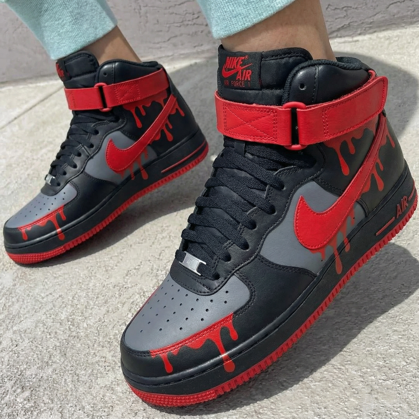 Custom AF 1s Shoes with Dripping Pattern in Black and Red