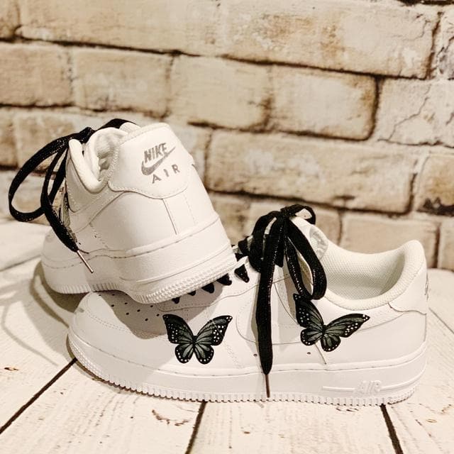 Custom AF 1s Shoes with Elegant Butterflies Black White