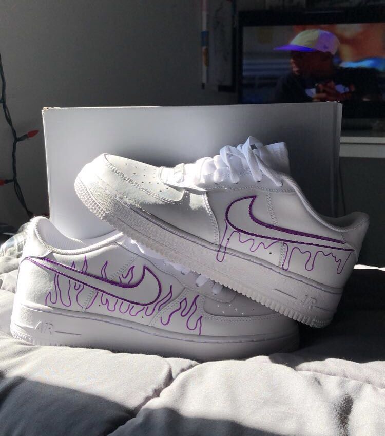 Custom AF 1s Shoes with Flame Drip Design Purple Color