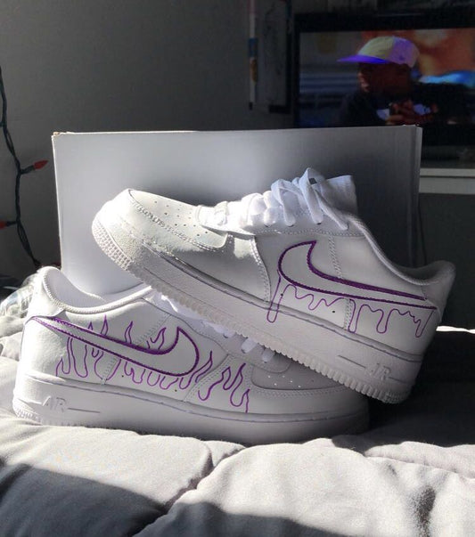 Custom AF 1s Shoes with Flame Drip Design Purple Color