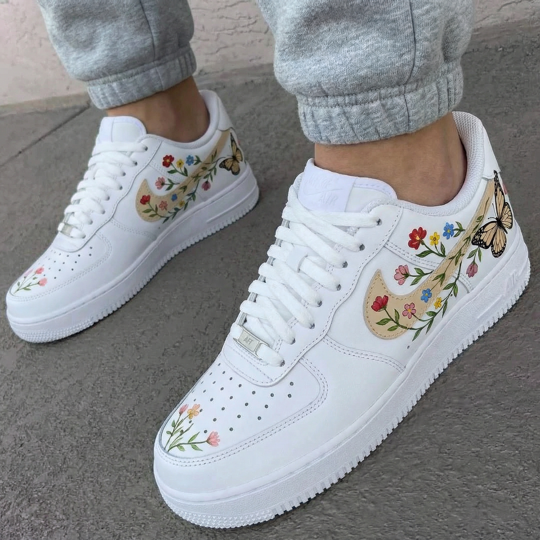 Custom AF 1s Shoes with Floral and Butterfly Design