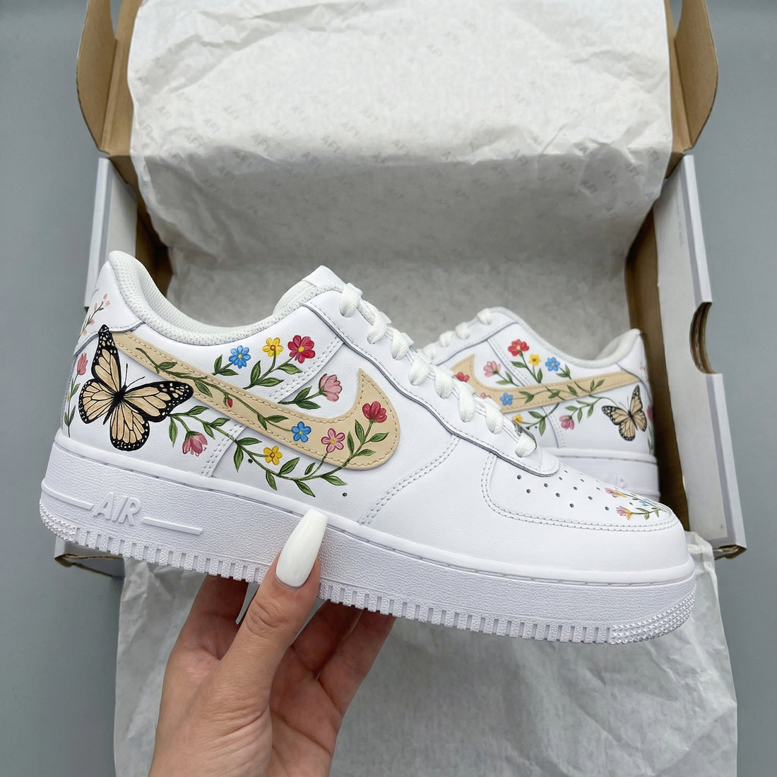 Custom AF 1s Shoes with Floral and Butterfly Design