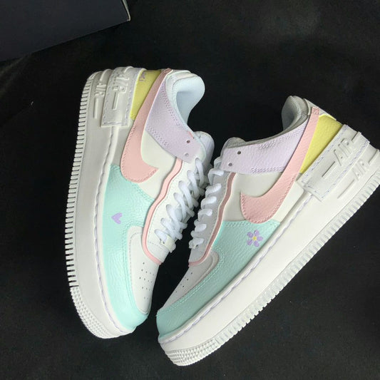 Custom AF 1s Shoes with Floral Pattern Baby Pink and Baby Blue