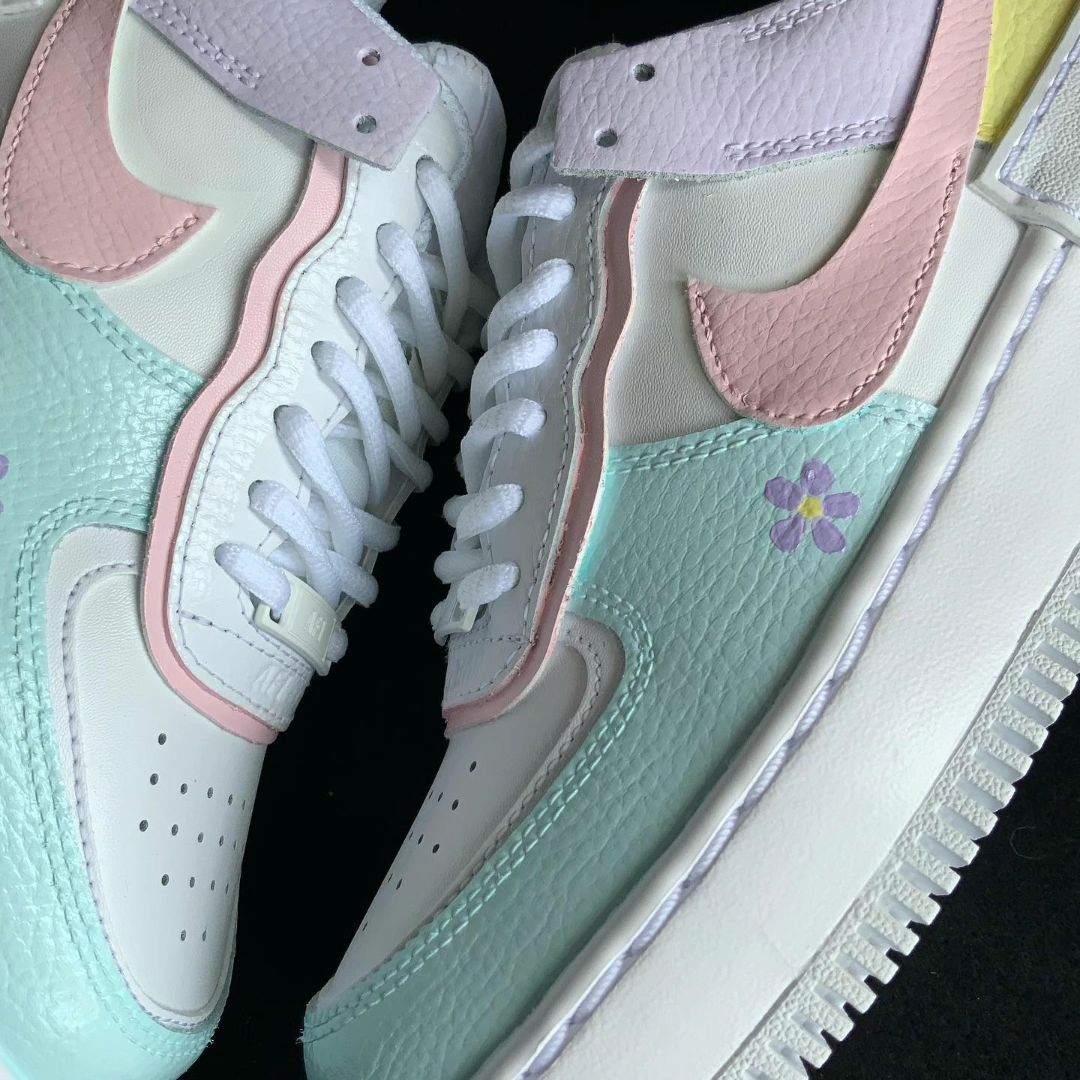 Custom AF 1s Shoes with Floral Pattern Baby Pink and Baby Blue