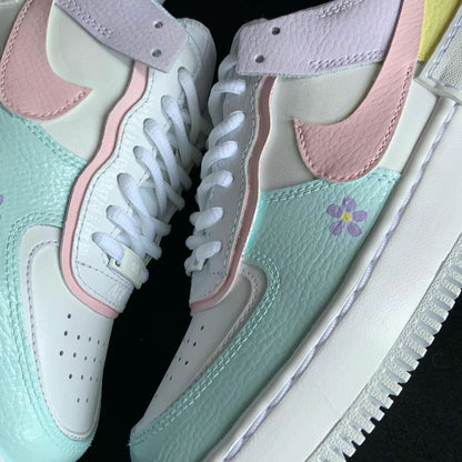Custom AF 1s Shoes with Floral Pattern Baby Pink and Baby Blue
