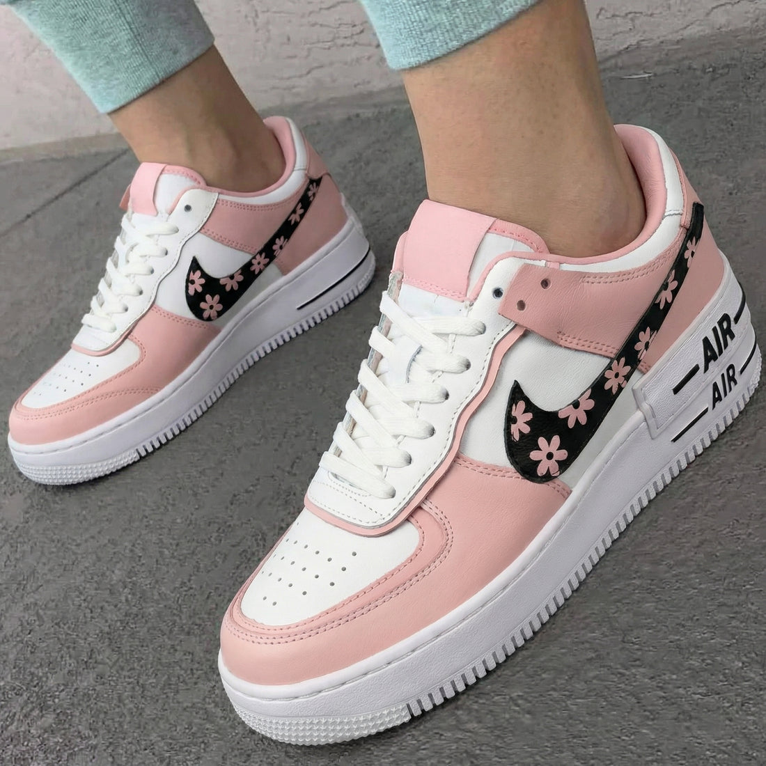 Custom AF 1s Shoes with Flower Pattern Baby Pink and White