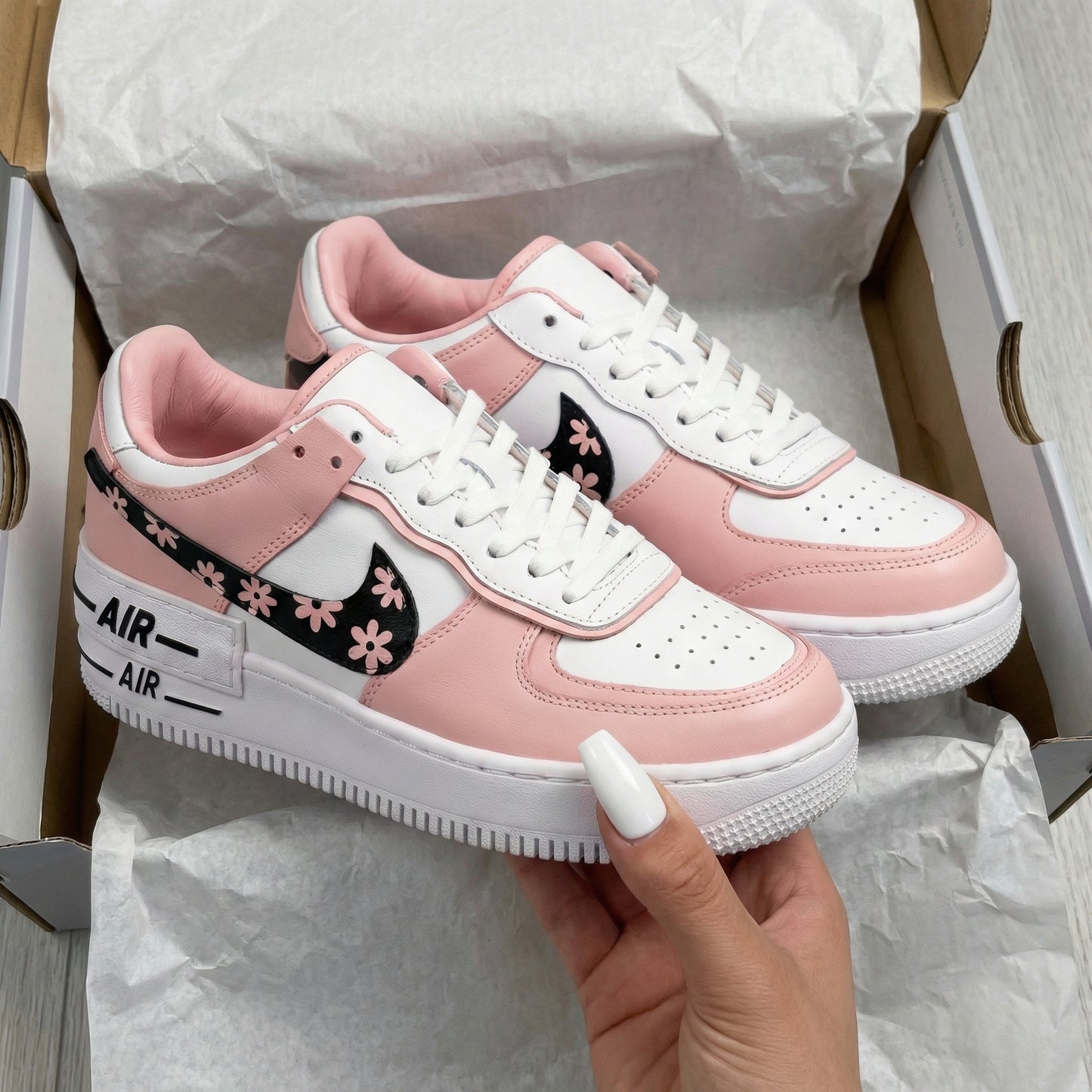 Custom AF 1s Shoes with Flower Pattern Baby Pink and White