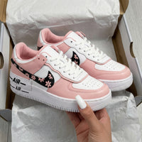 Custom AF 1s Shoes with Flower Pattern Baby Pink and White
