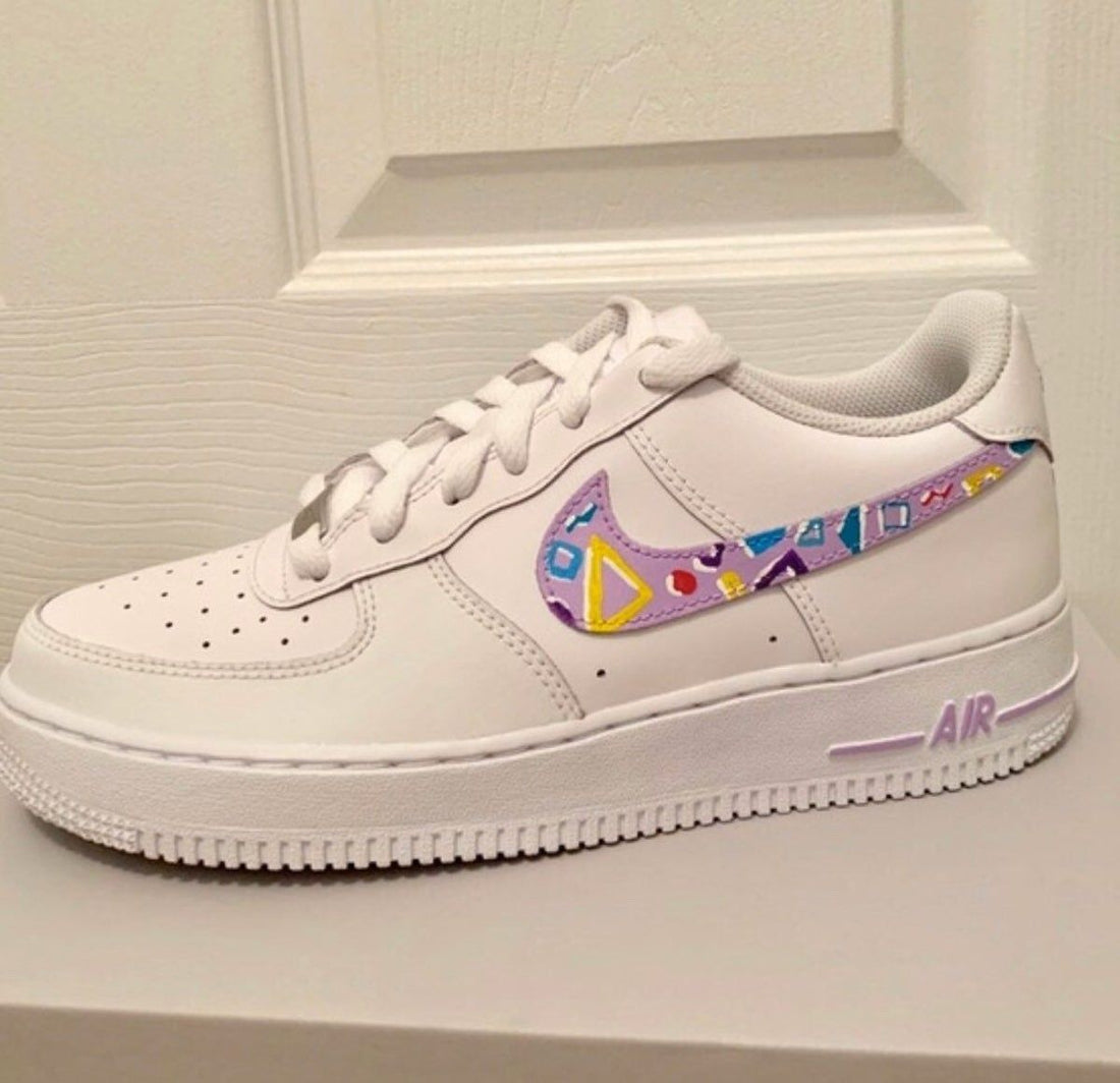 Custom AF 1s Shoes with Geometric Pattern Purple Color